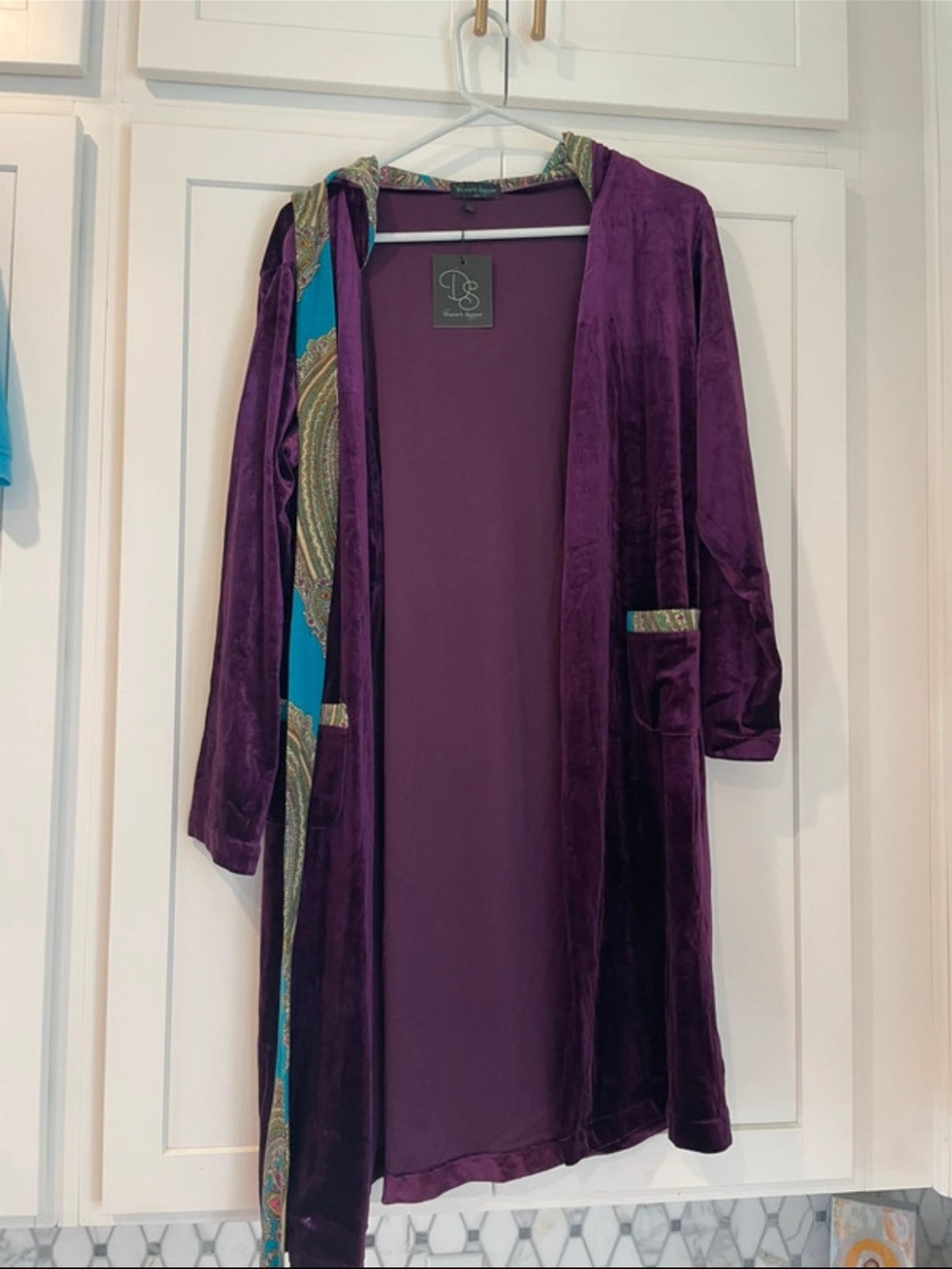 Dreamers Velvet Hooded Robe in Deep Purple with Teal Trim